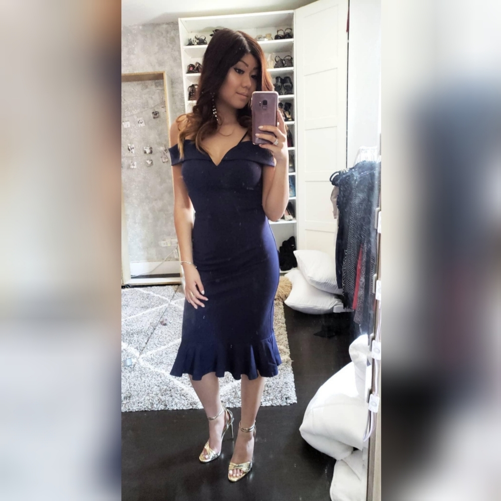 Navy sexy off the shoulder fishtail pencil dress
